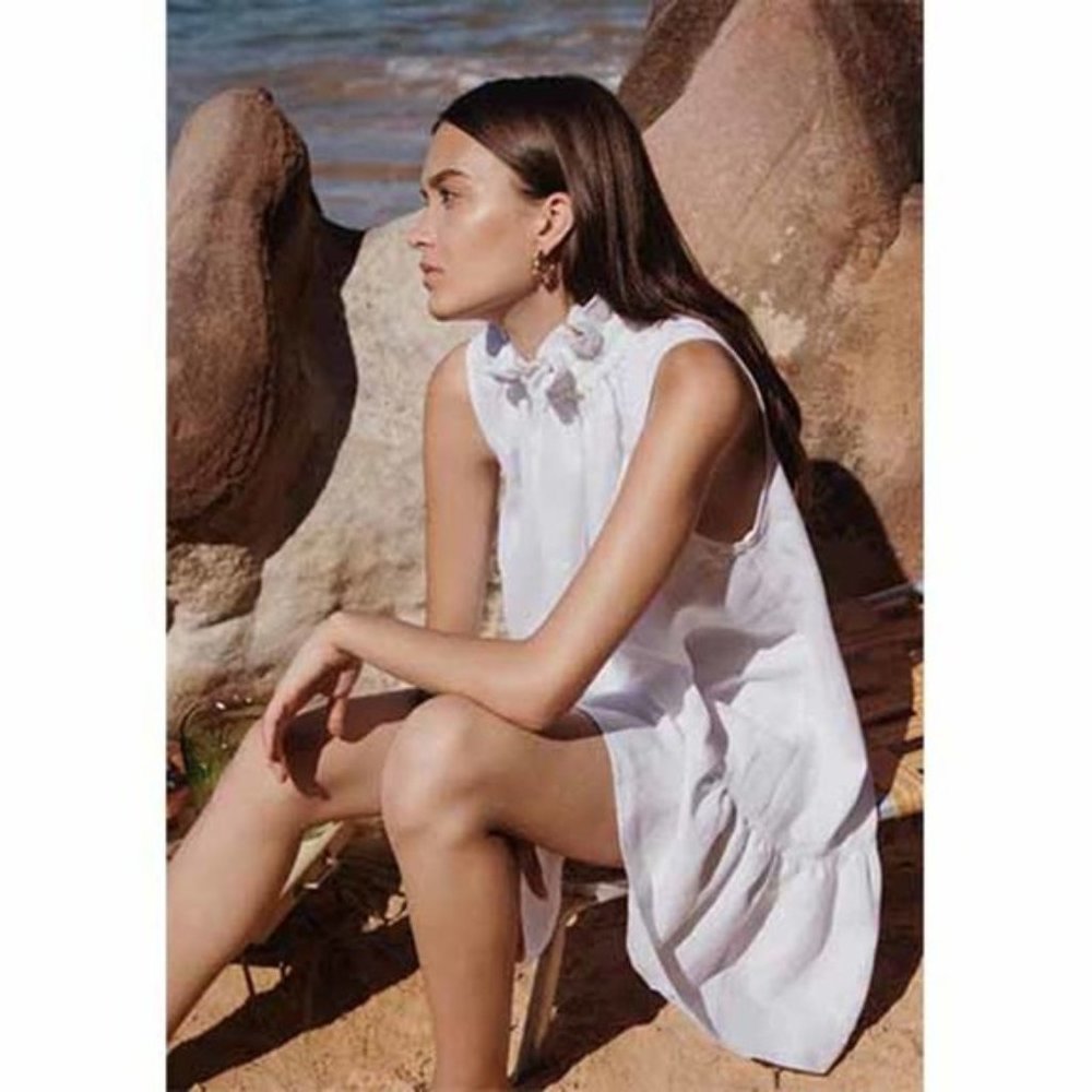 Ephemera Linen Garland Ruffle Neck Casual Mini Dress Women's White Size: 38 NWT